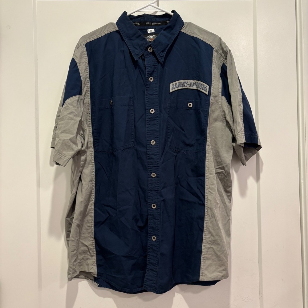 Harley-Davidson Mens XL Navy Blue Grey Colorblock Short Sleeve Button Down Shirt